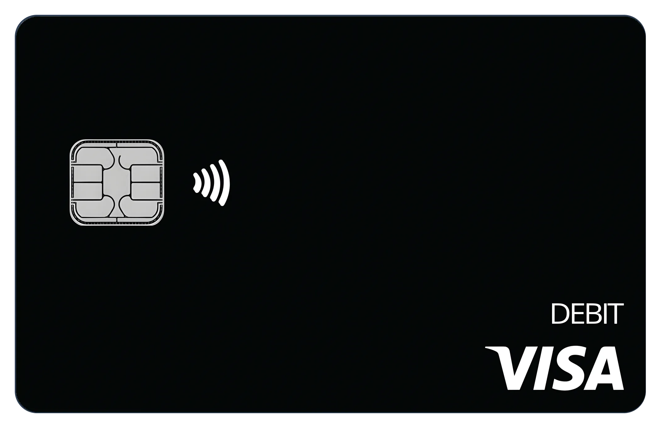 A Tunity Wallet debit card, front: chip, contactless mark, DEBIT and the Visa mark.